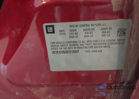 2013 Chevrolet Cruze Eco Manual z USA, uszkodzony, nr VIN 1G1PJ5SB2D7215537